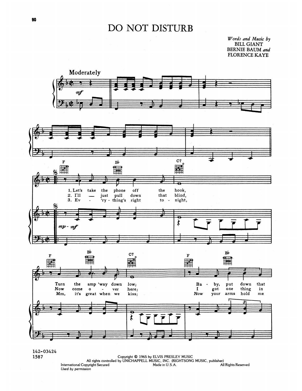 Elvis Presley Do Not Disturb Sheet Music Notes & Chords for Piano, Vocal & Guitar Chords (Right-Hand Melody) - Download or Print PDF