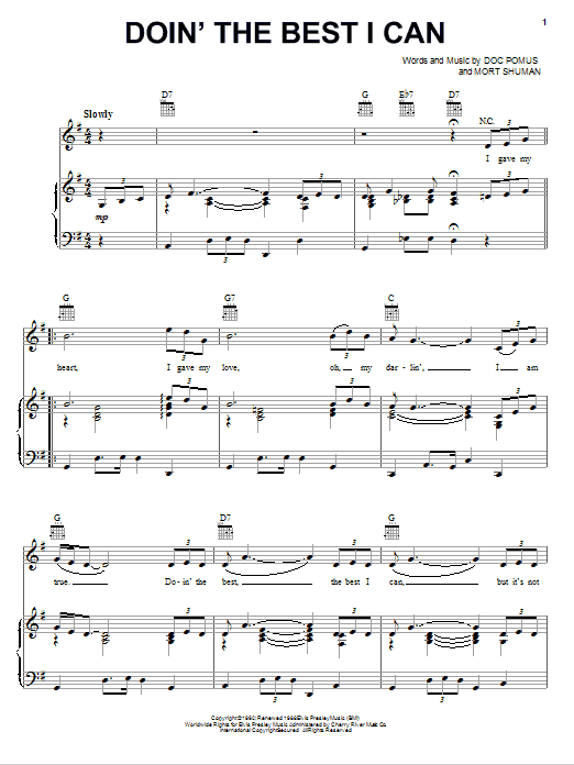 Elvis Presley Doin' The Best I Can Sheet Music Notes & Chords for Piano, Vocal & Guitar (Right-Hand Melody) - Download or Print PDF
