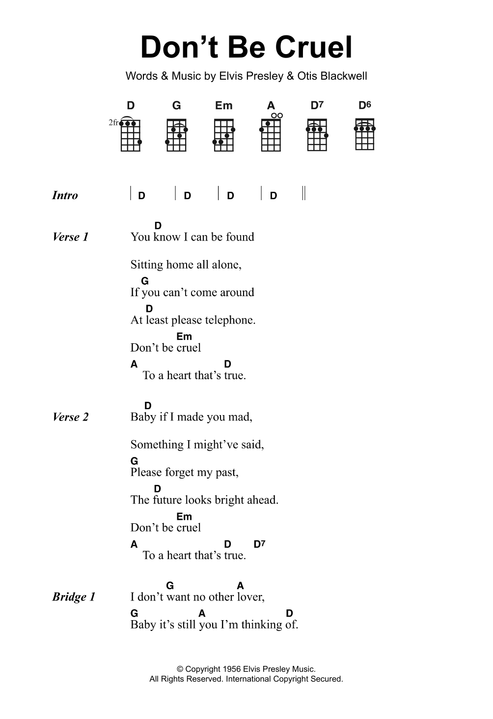 Elvis Presley Don't Be Cruel Sheet Music Notes & Chords for Ukulele Lyrics & Chords - Download or Print PDF