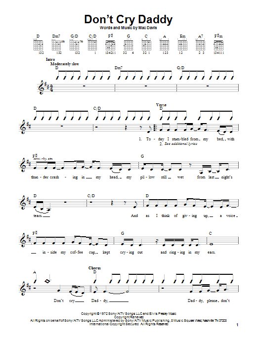 Elvis Presley Don't Cry Daddy Sheet Music Notes & Chords for Lyrics & Chords - Download or Print PDF
