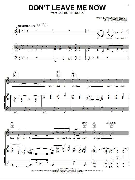 Elvis Presley Don't Leave Me Now Sheet Music Notes & Chords for Piano, Vocal & Guitar (Right-Hand Melody) - Download or Print PDF