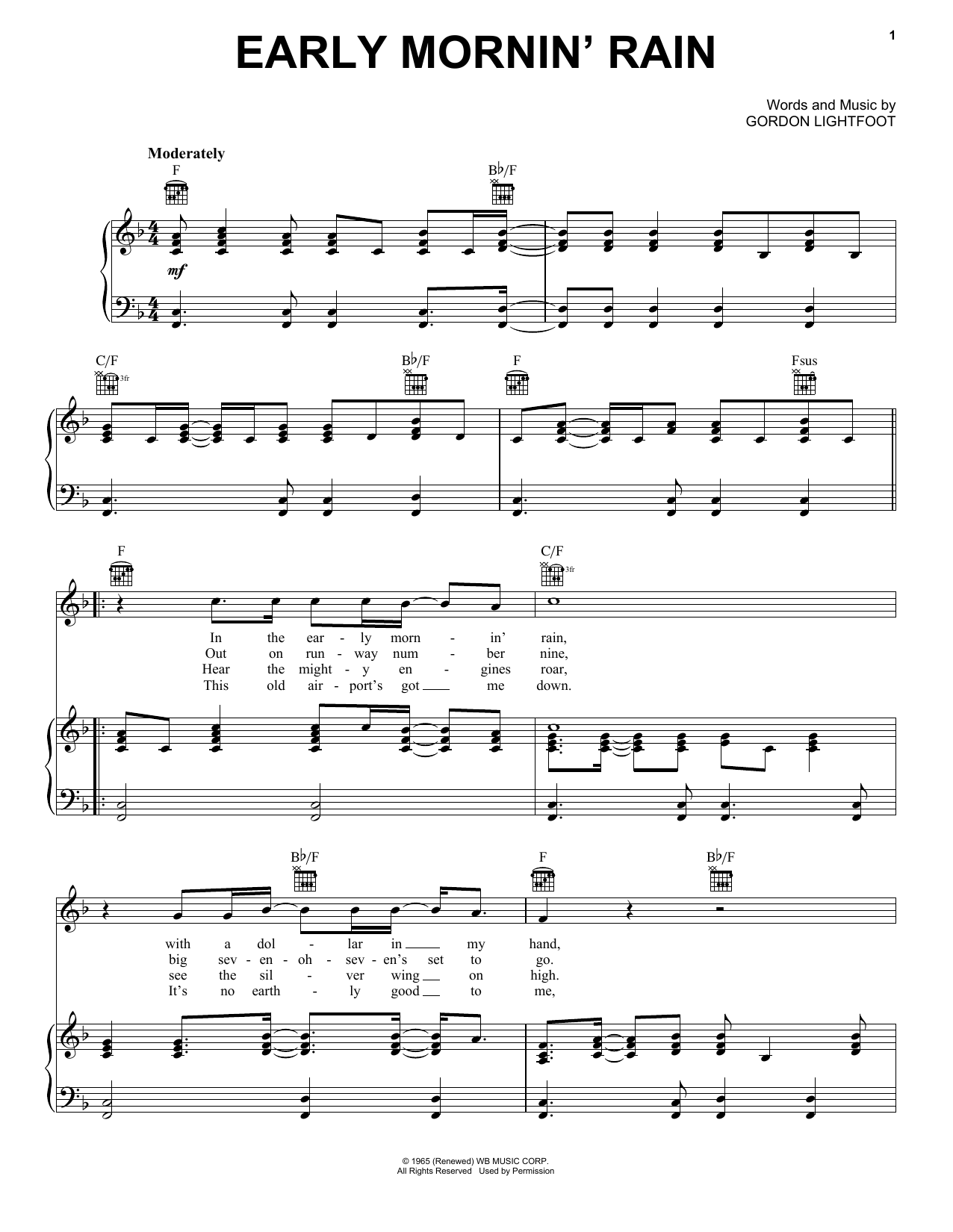 Elvis Presley Early Mornin' Rain Sheet Music Notes & Chords for Piano, Vocal & Guitar (Right-Hand Melody) - Download or Print PDF