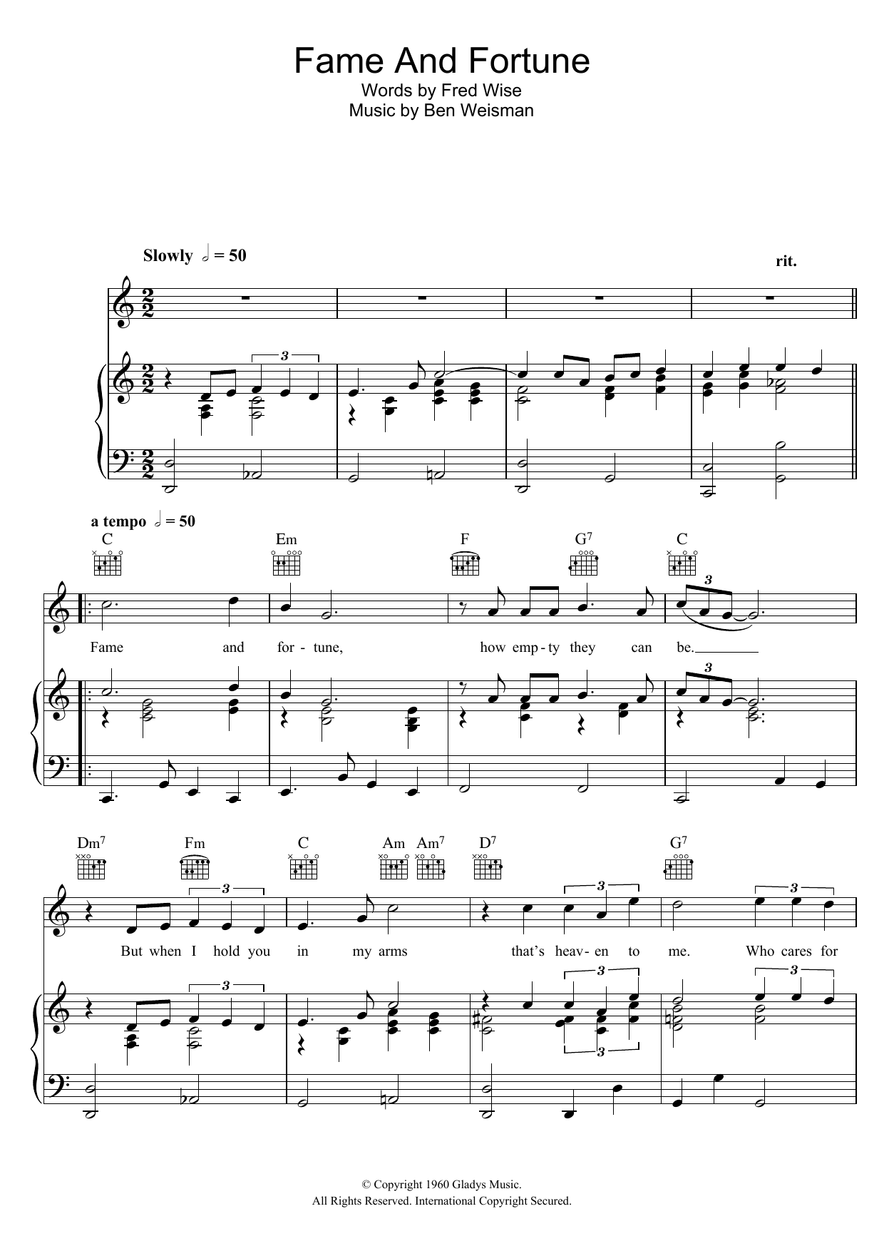 Elvis Presley Fame And Fortune Sheet Music Notes & Chords for Piano, Vocal & Guitar (Right-Hand Melody) - Download or Print PDF