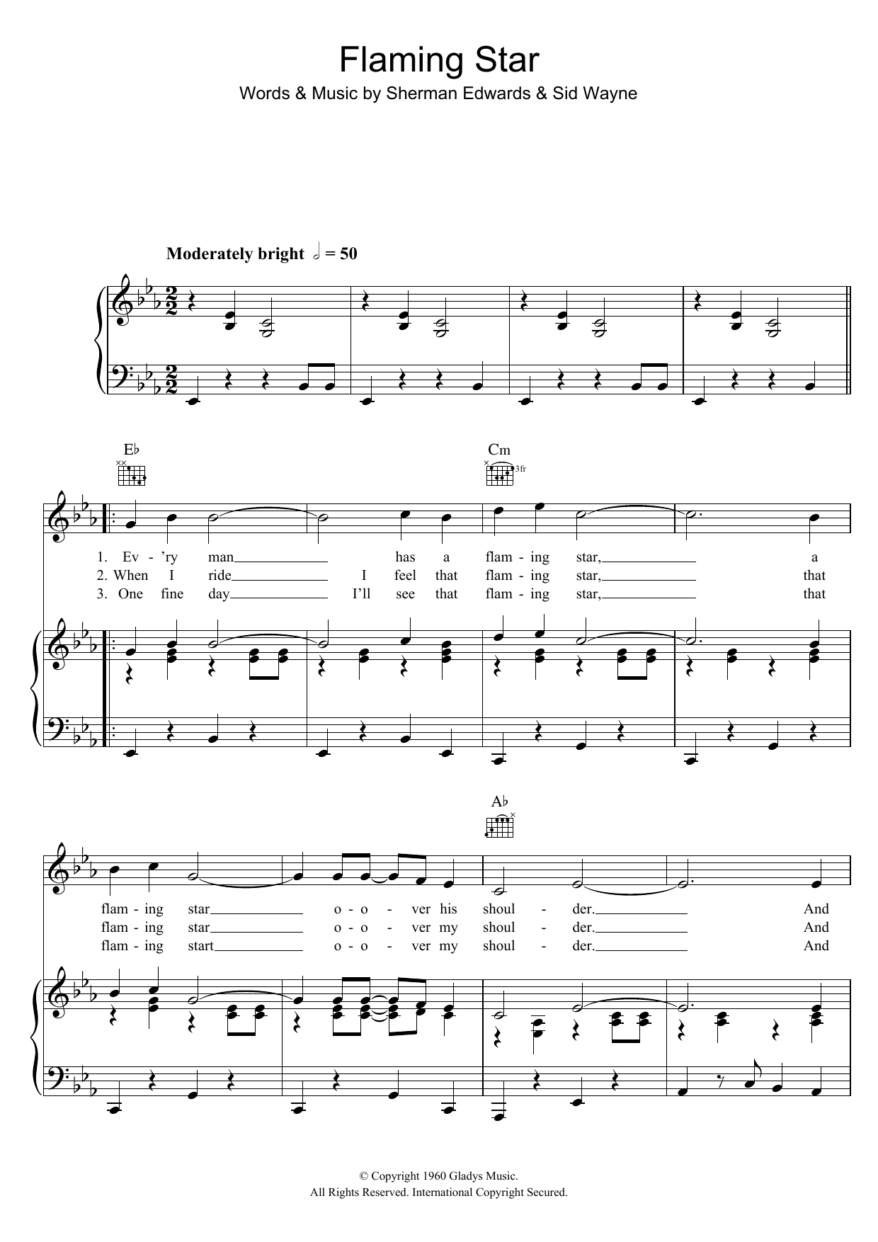Elvis Presley Flaming Star Sheet Music Notes & Chords for Piano, Vocal & Guitar Chords (Right-Hand Melody) - Download or Print PDF