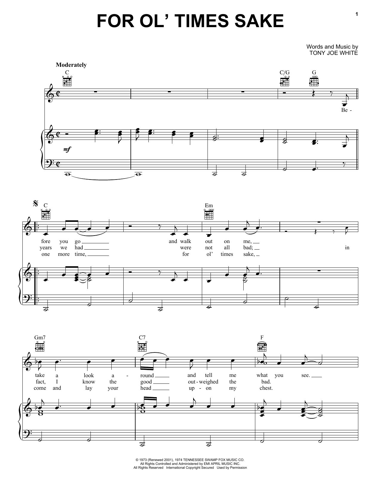 Elvis Presley For Ol' Times Sake Sheet Music Notes & Chords for Piano, Vocal & Guitar Chords (Right-Hand Melody) - Download or Print PDF