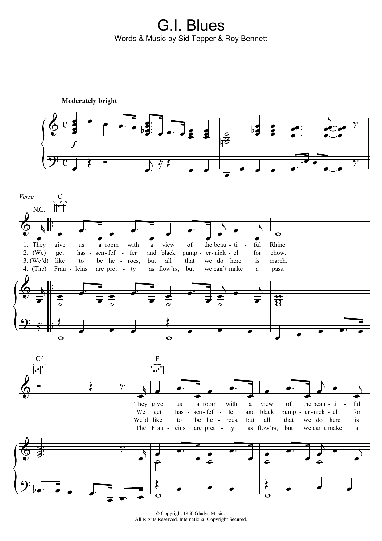 Elvis Presley G.I. Blues Sheet Music Notes & Chords for Piano, Vocal & Guitar (Right-Hand Melody) - Download or Print PDF