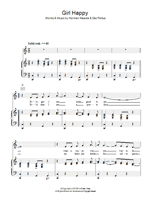 Elvis Presley Girl Happy Sheet Music Notes & Chords for Piano, Vocal & Guitar (Right-Hand Melody) - Download or Print PDF