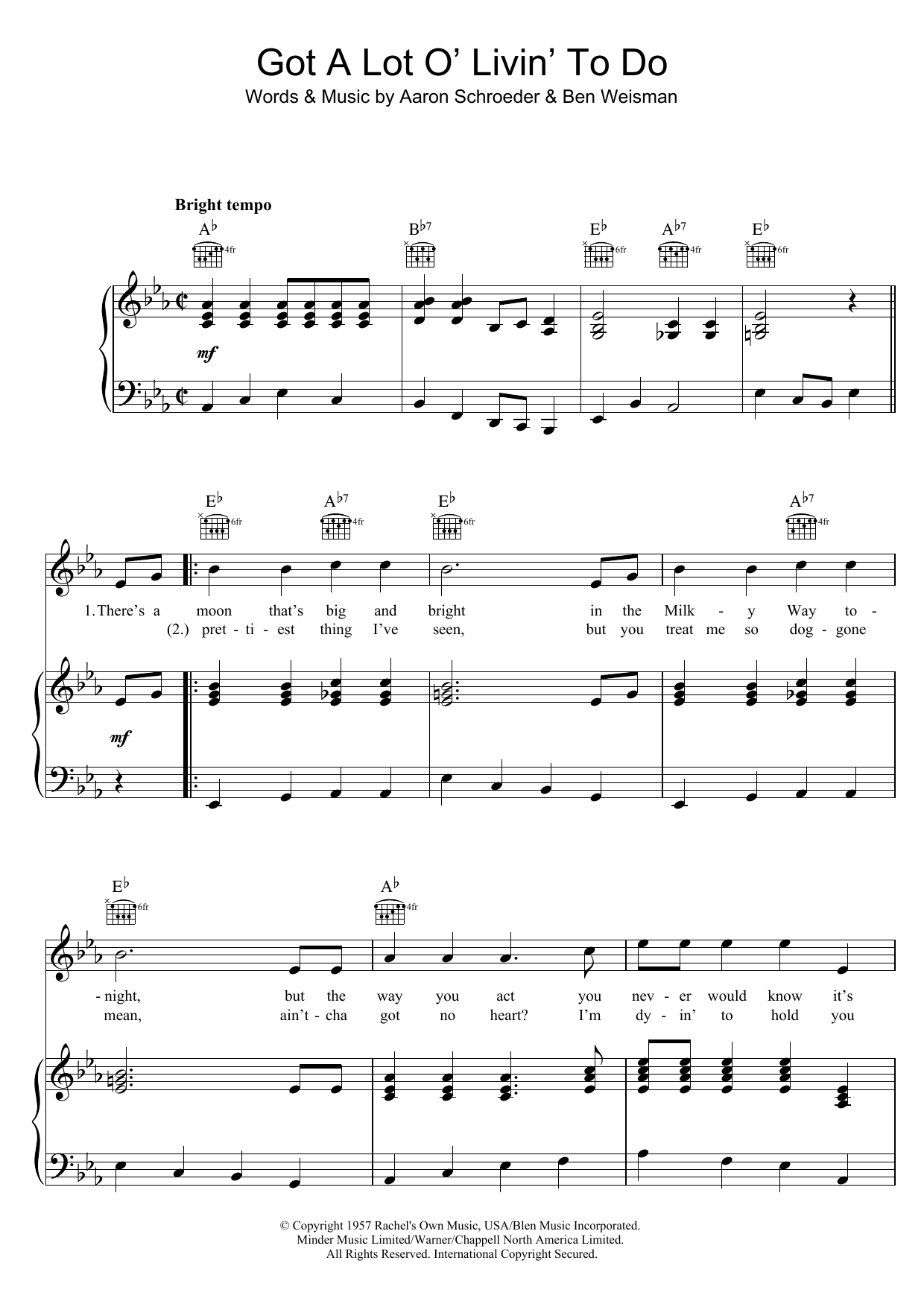 Elvis Presley Got A Lot Of Livin' To Do Sheet Music Notes & Chords for Piano, Vocal & Guitar (Right-Hand Melody) - Download or Print PDF