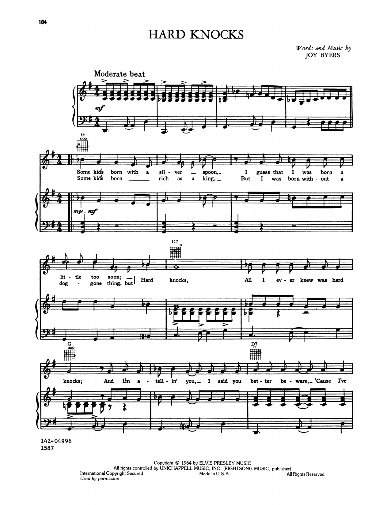 Elvis Presley Hard Knocks Sheet Music Notes & Chords for Piano, Vocal & Guitar Chords (Right-Hand Melody) - Download or Print PDF