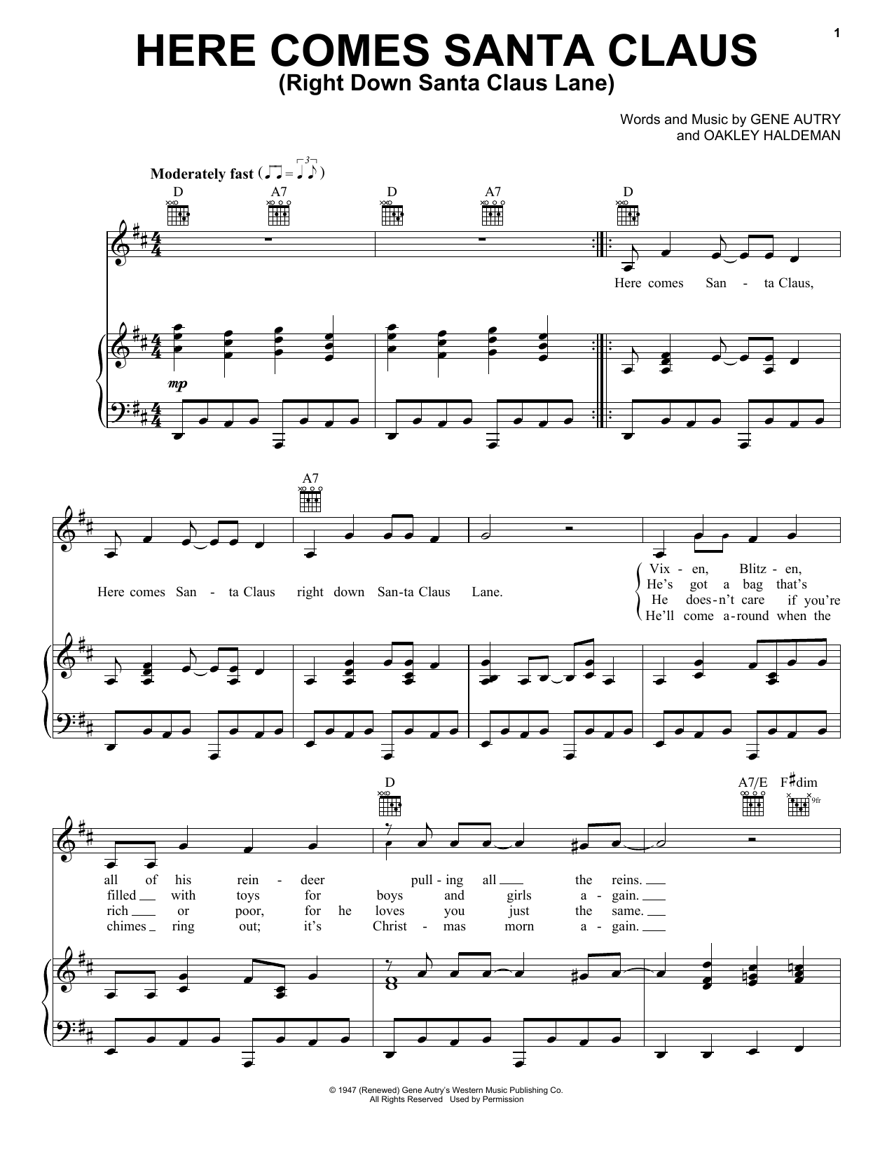 Elvis Presley Here Comes Santa Claus (Right Down Santa Claus Lane) Sheet Music Notes & Chords for Piano, Vocal & Guitar Chords (Right-Hand Melody) - Download or Print PDF