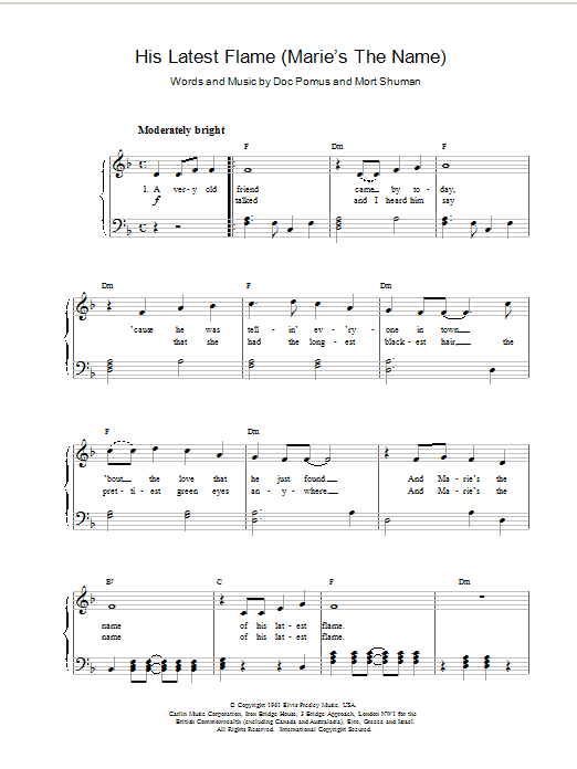 Elvis Presley His Latest Flame Sheet Music Notes & Chords for Piano, Vocal & Guitar (Right-Hand Melody) - Download or Print PDF