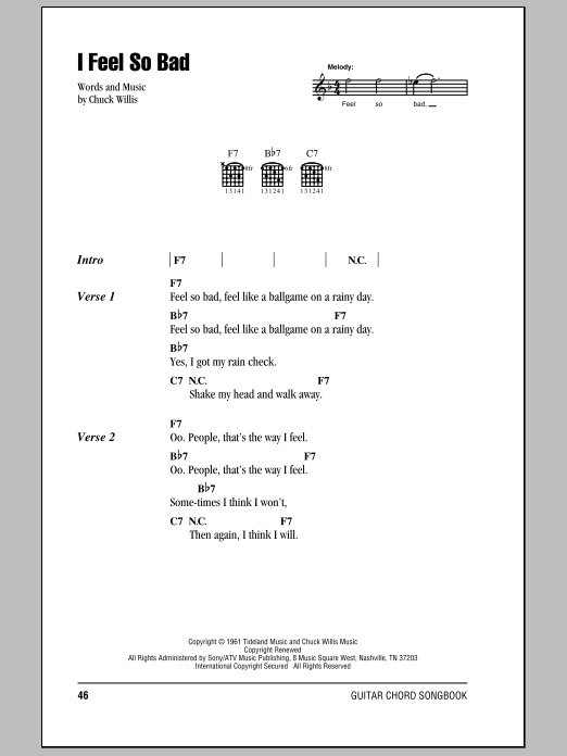 Elvis Presley I Feel So Bad Sheet Music Notes & Chords for Piano, Vocal & Guitar (Right-Hand Melody) - Download or Print PDF