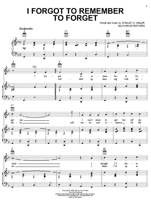 Elvis Presley I Forgot To Remember To Forget Sheet Music Notes & Chords for Lyrics & Chords - Download or Print PDF