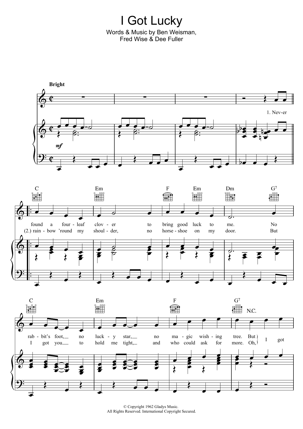 Elvis Presley I Got Lucky Sheet Music Notes & Chords for Piano, Vocal & Guitar (Right-Hand Melody) - Download or Print PDF