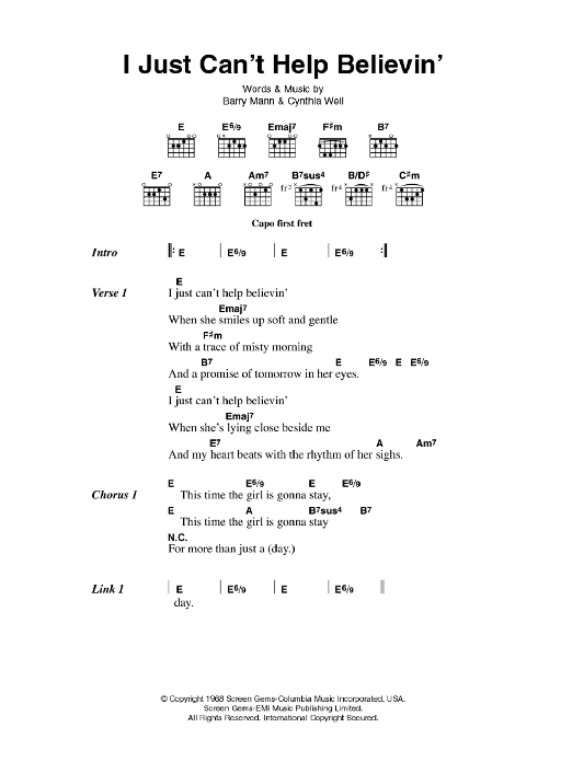 Elvis Presley I Just Can't Help Believin' Sheet Music Notes & Chords for Lyrics & Chords - Download or Print PDF