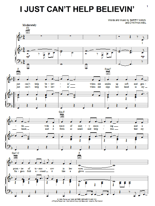 Elvis Presley I Just Can't Help Believin' Sheet Music Notes & Chords for Piano, Vocal & Guitar (Right-Hand Melody) - Download or Print PDF