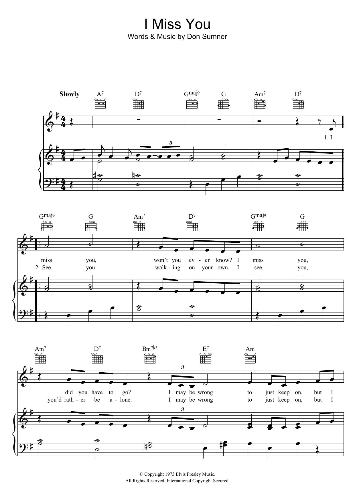Elvis Presley I Miss You Sheet Music Notes & Chords for Piano, Vocal & Guitar (Right-Hand Melody) - Download or Print PDF