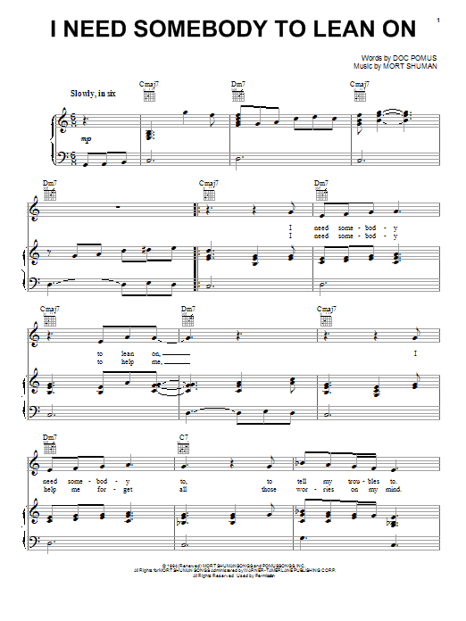 Elvis Presley I Need Somebody To Lean On Sheet Music Notes & Chords for Piano, Vocal & Guitar (Right-Hand Melody) - Download or Print PDF