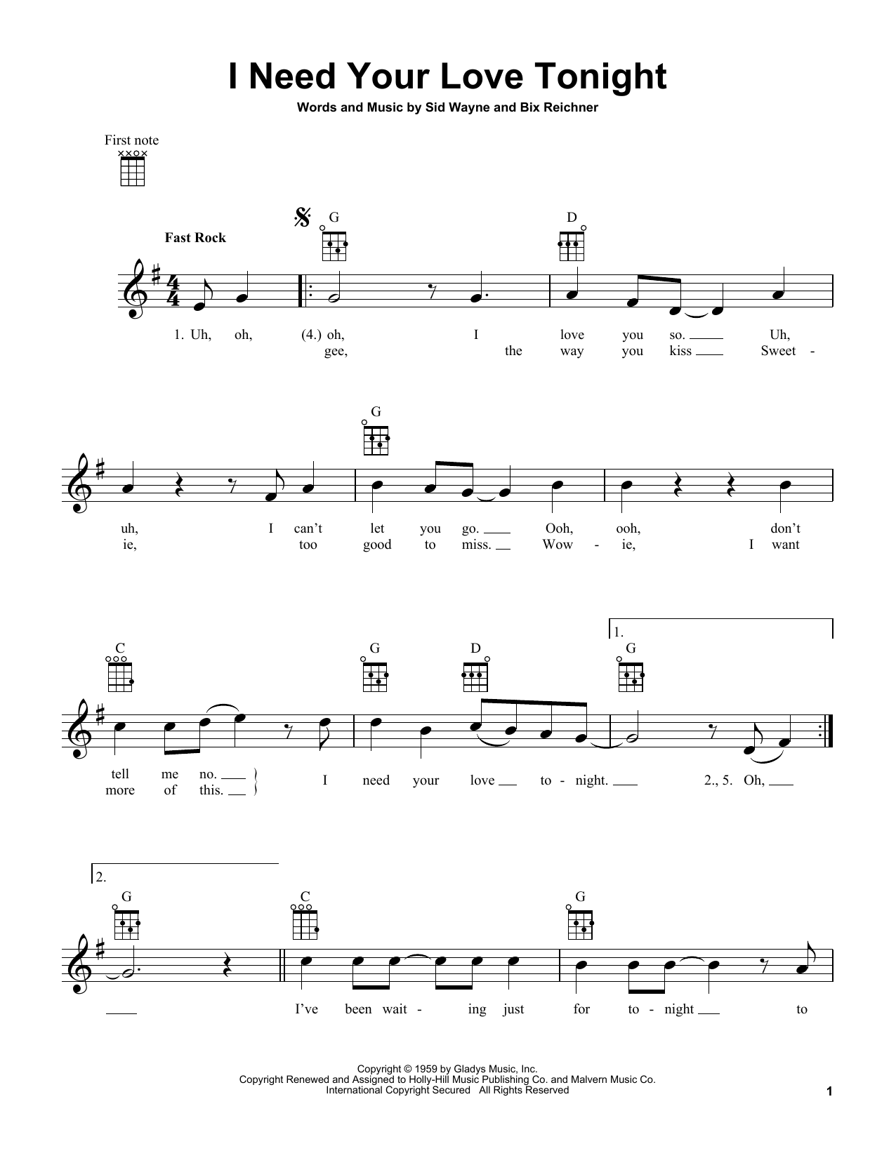 Elvis Presley I Need Your Love Tonight Sheet Music Notes & Chords for Voice - Download or Print PDF
