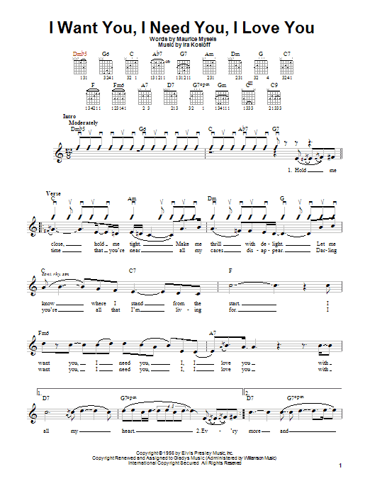 Elvis Presley I Want You, I Need You, I Love You Sheet Music Notes & Chords for Piano, Vocal & Guitar (Right-Hand Melody) - Download or Print PDF