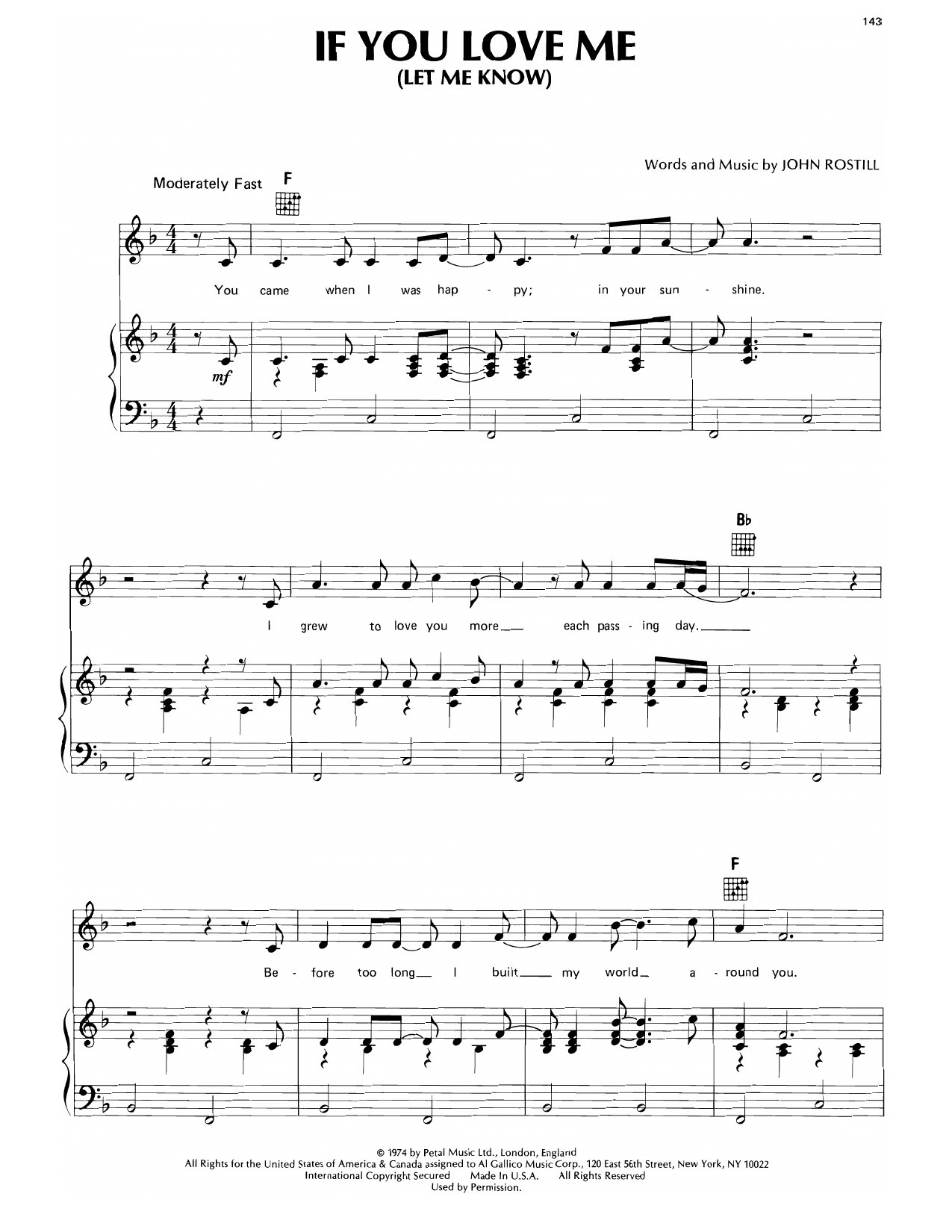Elvis Presley If You Love Me (Let Me Know) Sheet Music Notes & Chords for Piano, Vocal & Guitar Chords (Right-Hand Melody) - Download or Print PDF