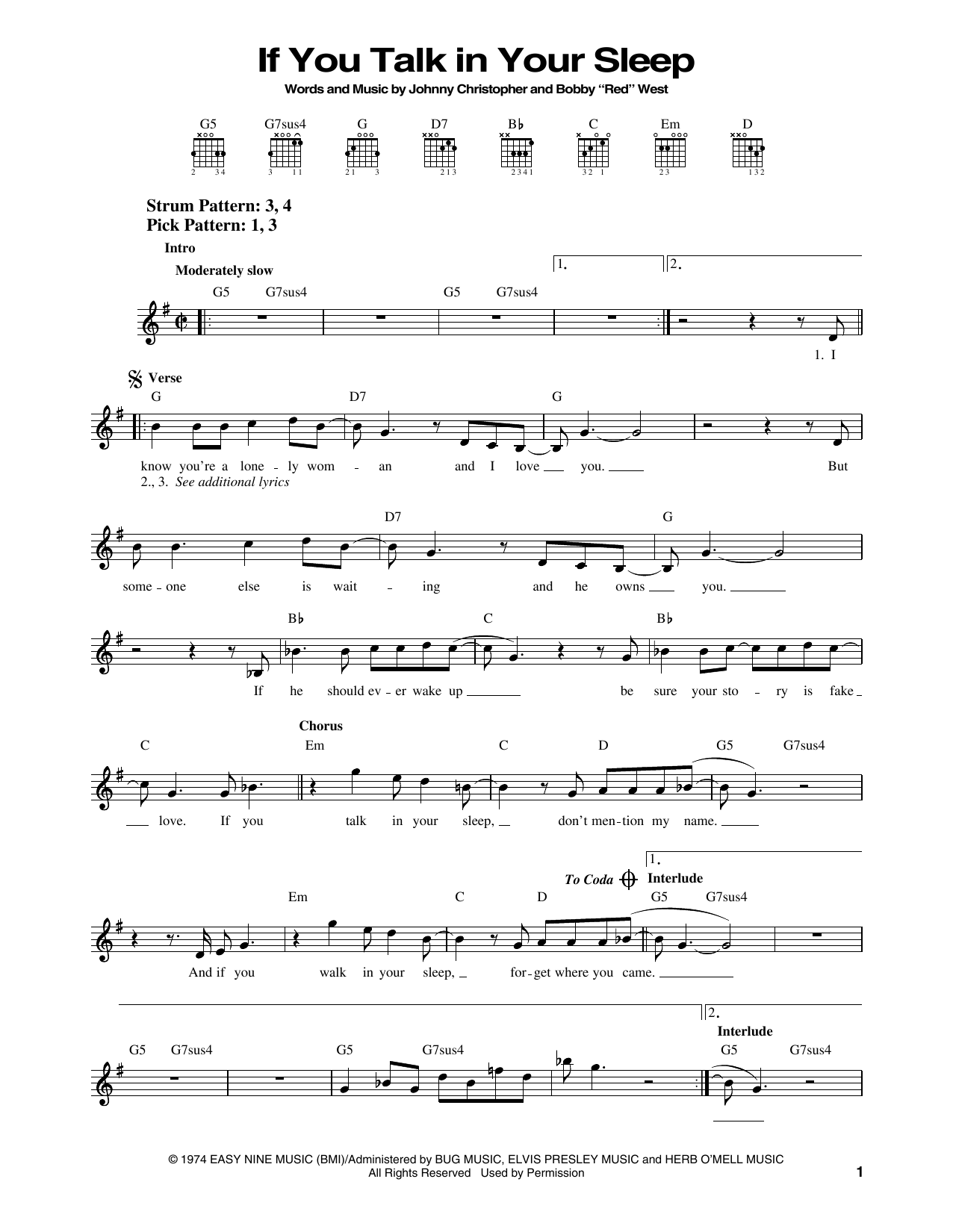 Elvis Presley If You Talk In Your Sleep Sheet Music Notes & Chords for Easy Guitar - Download or Print PDF