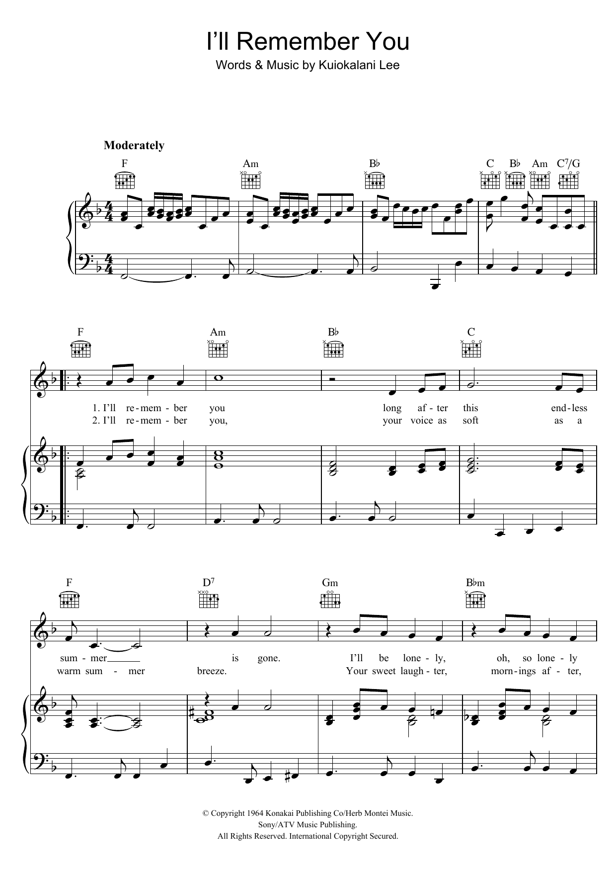 Elvis Presley I'll Remember You Sheet Music Notes & Chords for Piano, Vocal & Guitar (Right-Hand Melody) - Download or Print PDF