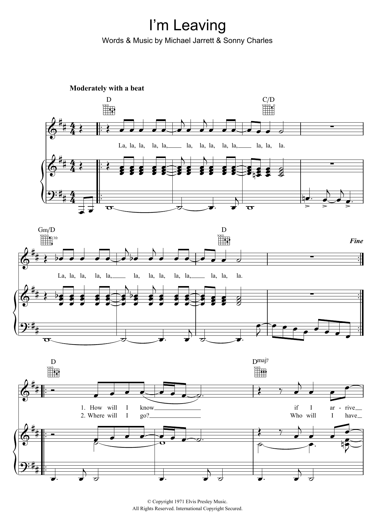 Elvis Presley I'm Leaving Sheet Music Notes & Chords for Piano, Vocal & Guitar (Right-Hand Melody) - Download or Print PDF