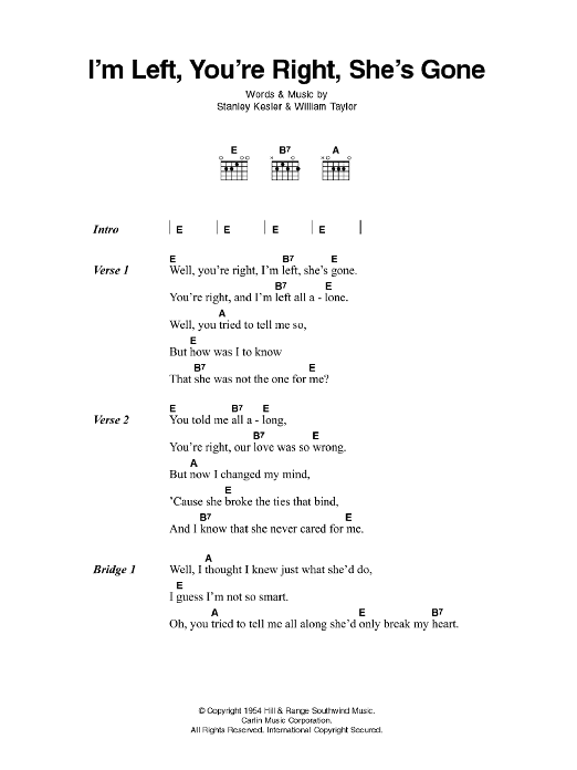 Elvis Presley I'm Left, You're Right, She's Gone Sheet Music Notes & Chords for Lyrics & Chords - Download or Print PDF