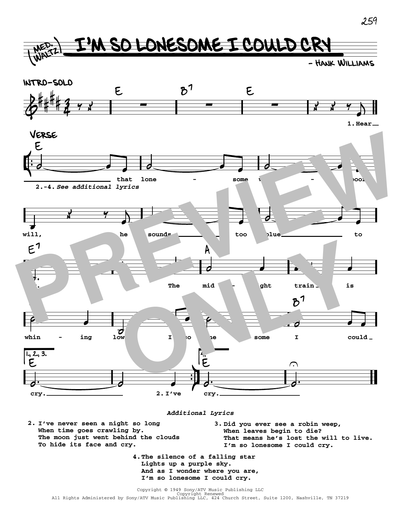 Elvis Presley I'm So Lonesome I Could Cry Sheet Music Notes & Chords for Real Book – Melody, Lyrics & Chords - Download or Print PDF