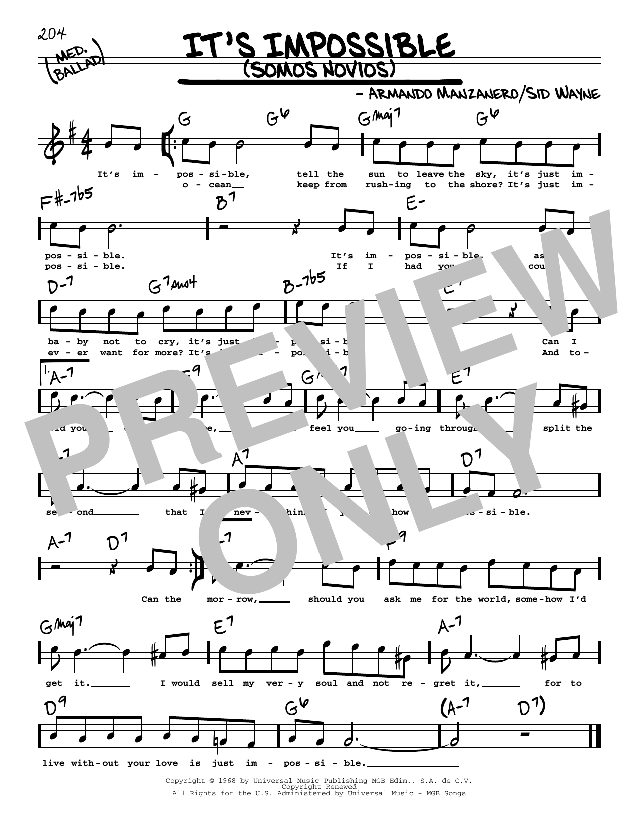 Elvis Presley It's Impossible (Somos Novios) (High Voice) Sheet Music Notes & Chords for Real Book – Melody, Lyrics & Chords - Download or Print PDF