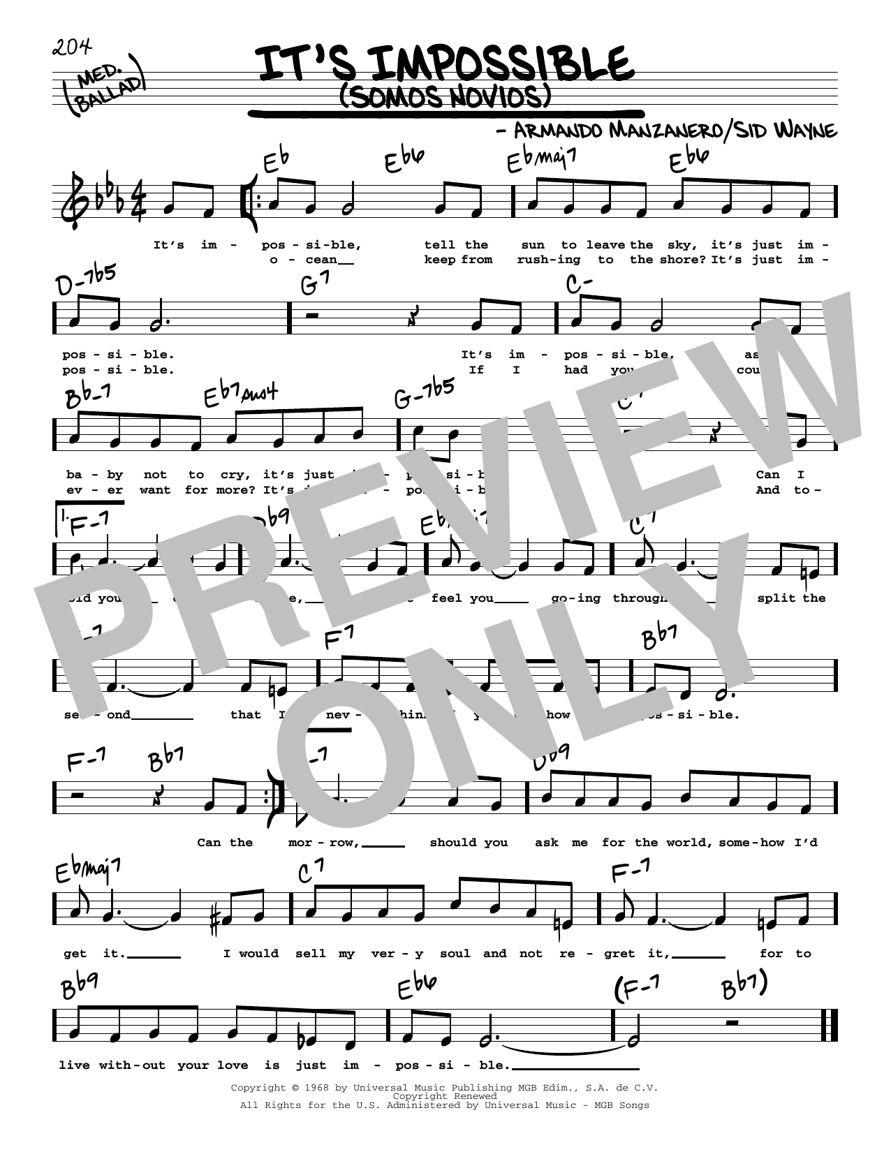 Elvis Presley It's Impossible (Somos Novios) (Low Voice) Sheet Music Notes & Chords for Real Book – Melody, Lyrics & Chords - Download or Print PDF