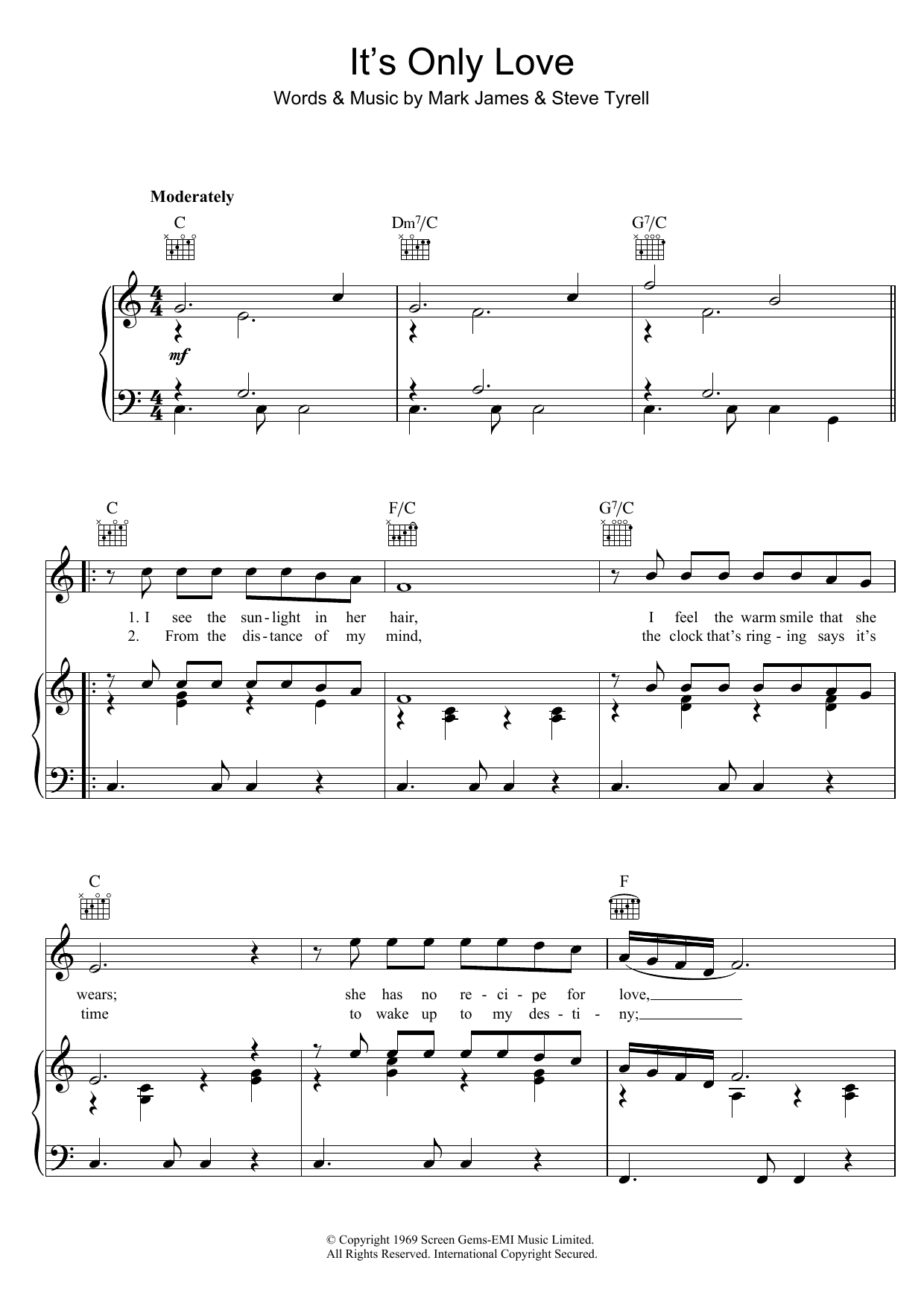 Elvis Presley It's Only Love Sheet Music Notes & Chords for Piano, Vocal & Guitar Chords (Right-Hand Melody) - Download or Print PDF