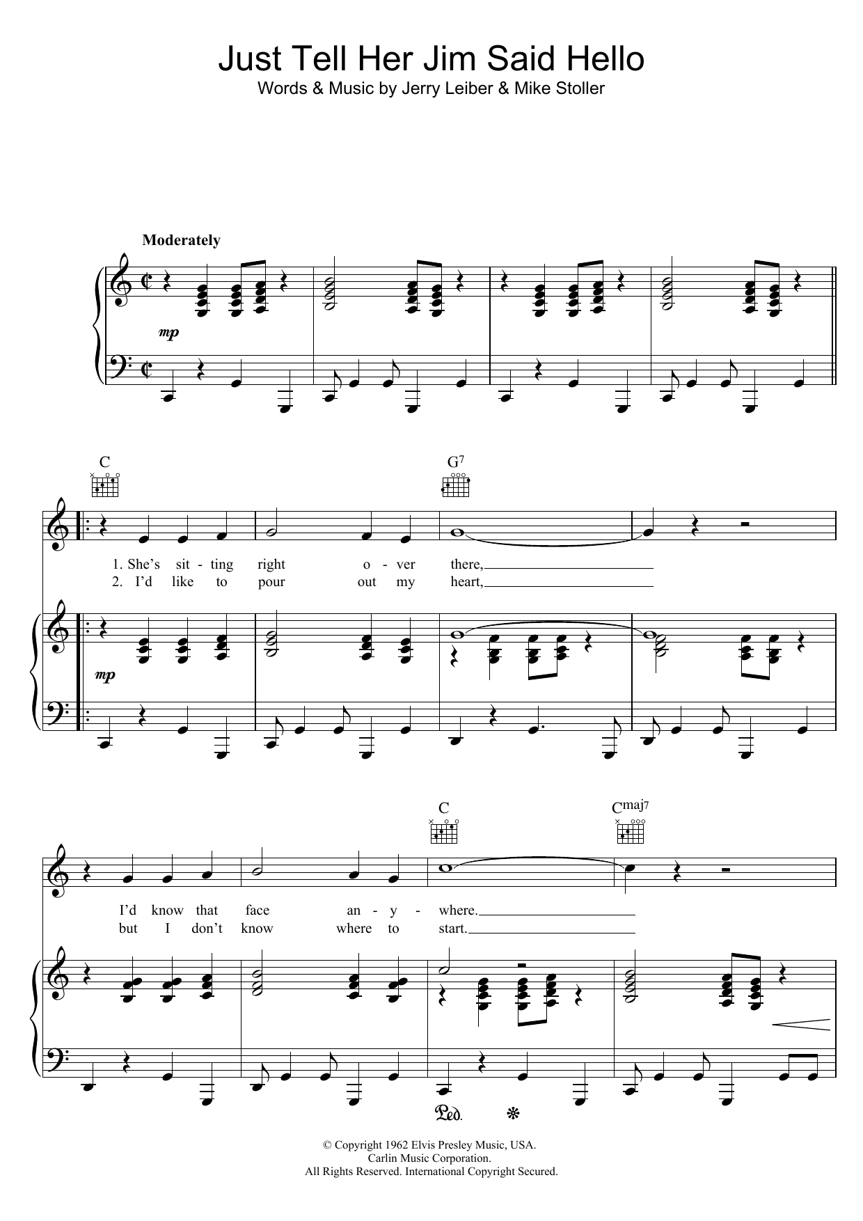 Elvis Presley Just Tell Her Jim Said Hello Sheet Music Notes & Chords for Piano, Vocal & Guitar (Right-Hand Melody) - Download or Print PDF