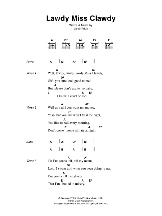 Elvis Presley Lawdy Miss Clawdy Sheet Music Notes & Chords for Lyrics & Chords - Download or Print PDF