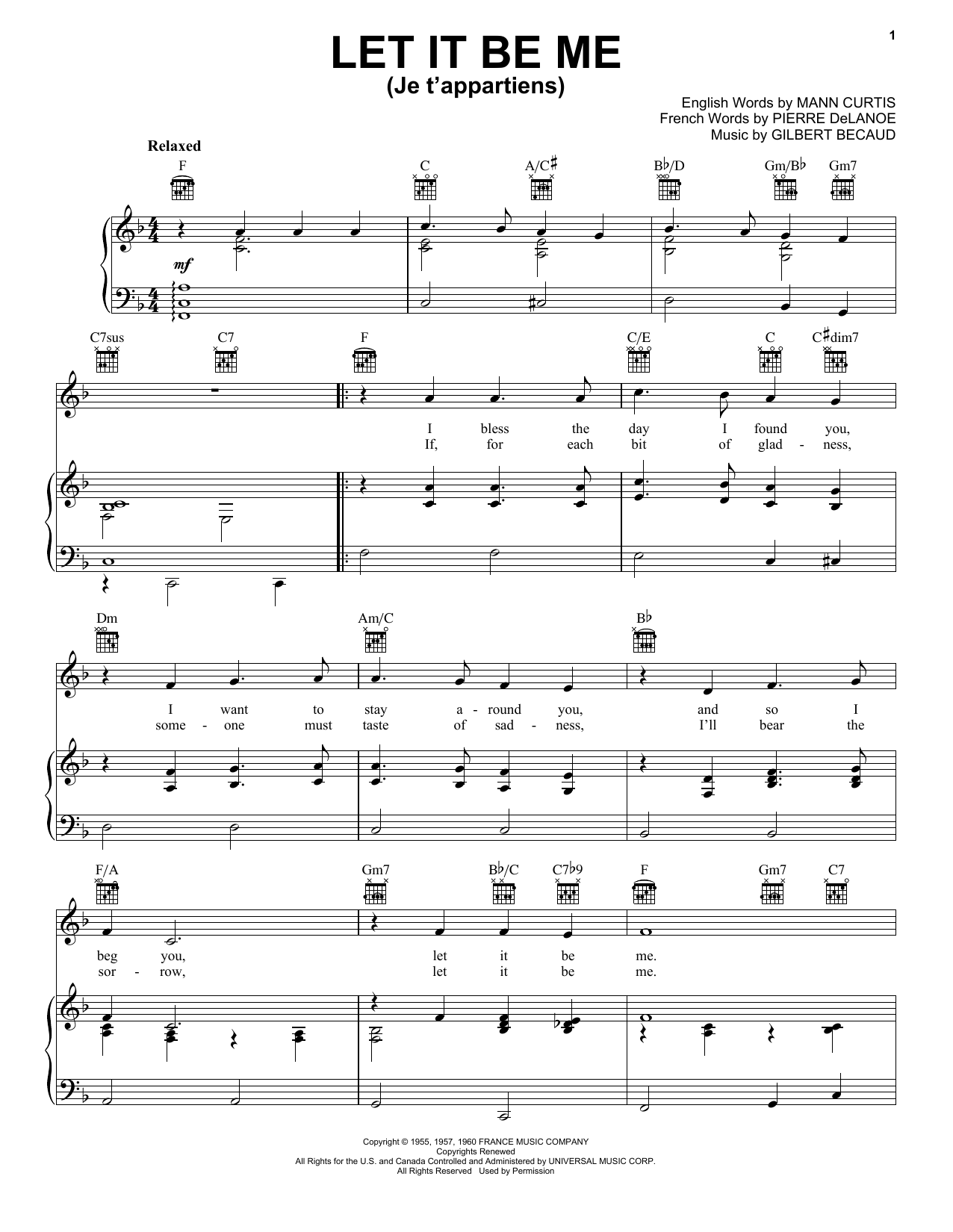 Elvis Presley Let It Be Me (Je T'appartiens) Sheet Music Notes & Chords for Lyrics & Chords - Download or Print PDF
