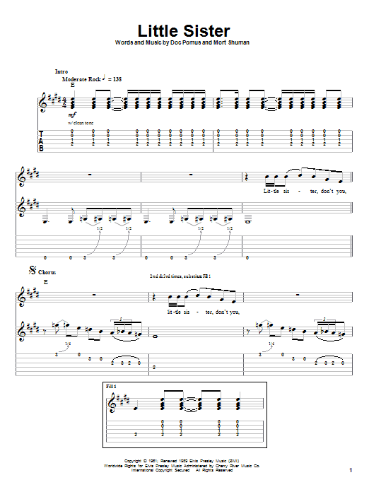 Elvis Presley Little Sister Sheet Music Notes & Chords for Guitar Tab Play-Along - Download or Print PDF