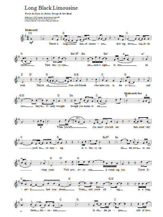 Elvis Presley Long Black Limousine Sheet Music Notes & Chords for Melody Line, Lyrics & Chords - Download or Print PDF