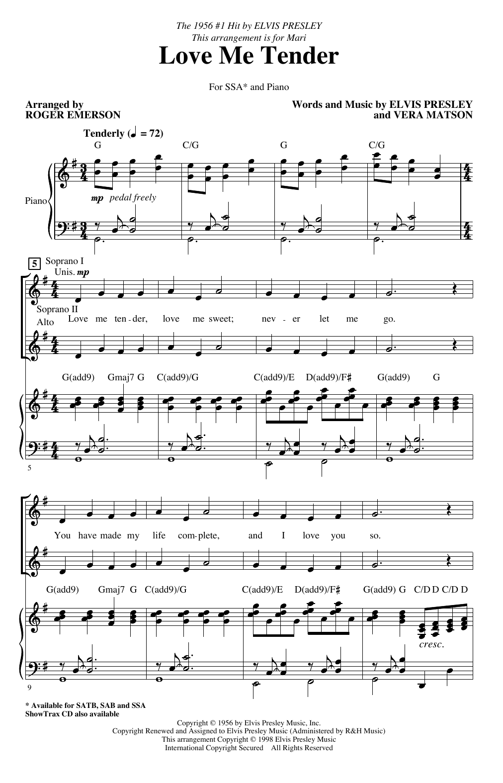 Elvis Presley Love Me Tender (arr. Roger Emerson) Sheet Music Notes & Chords for SSA Choir - Download or Print PDF