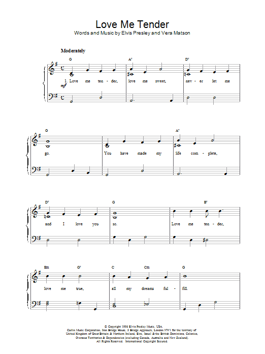 Elvis Presley Love Me Tender Sheet Music Notes & Chords for Beginner Piano - Download or Print PDF