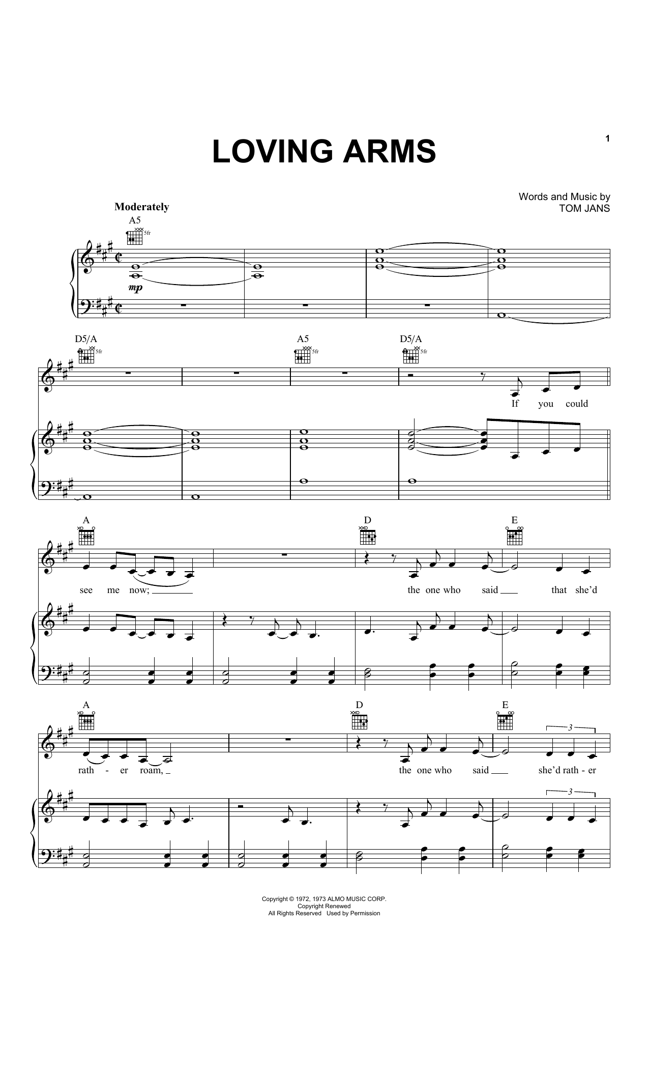 Elvis Presley Loving Arms Sheet Music Notes & Chords for Piano, Vocal & Guitar (Right-Hand Melody) - Download or Print PDF
