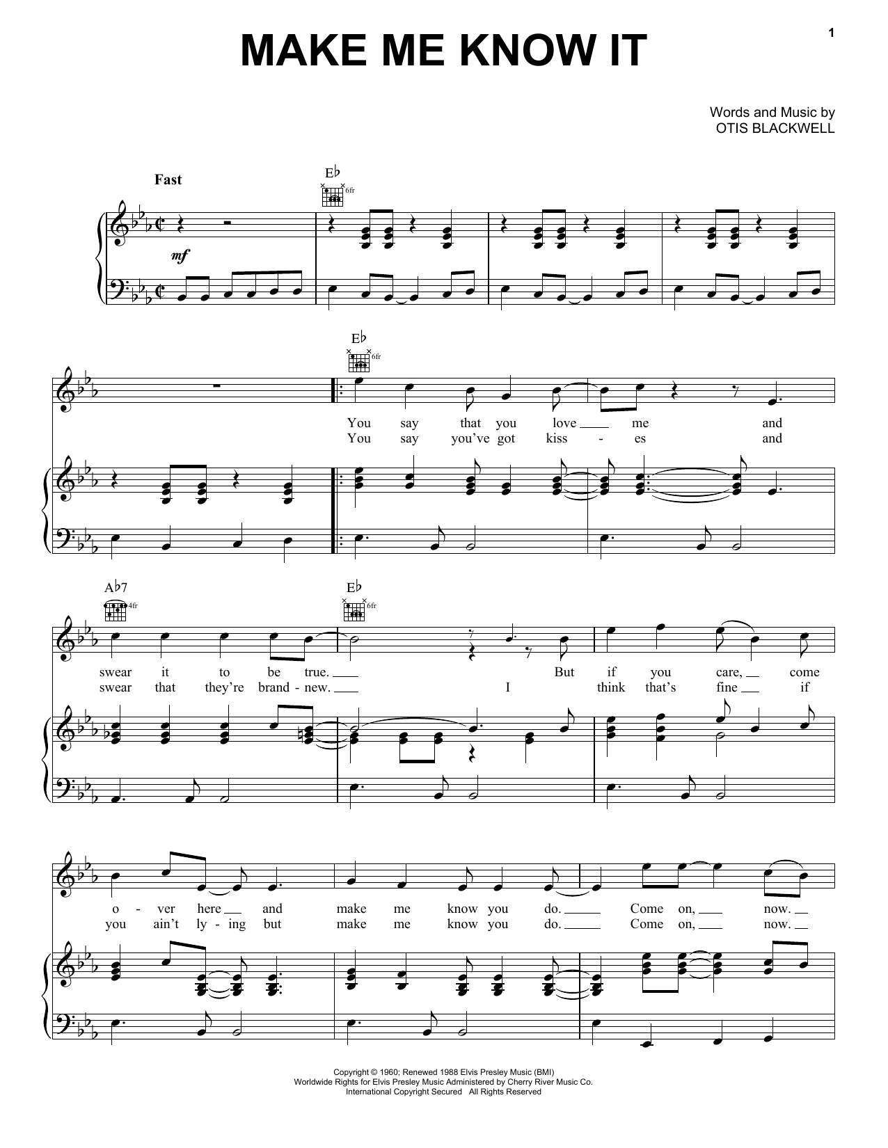 Elvis Presley Make Me Know It Sheet Music Notes & Chords for Piano, Vocal & Guitar Chords (Right-Hand Melody) - Download or Print PDF