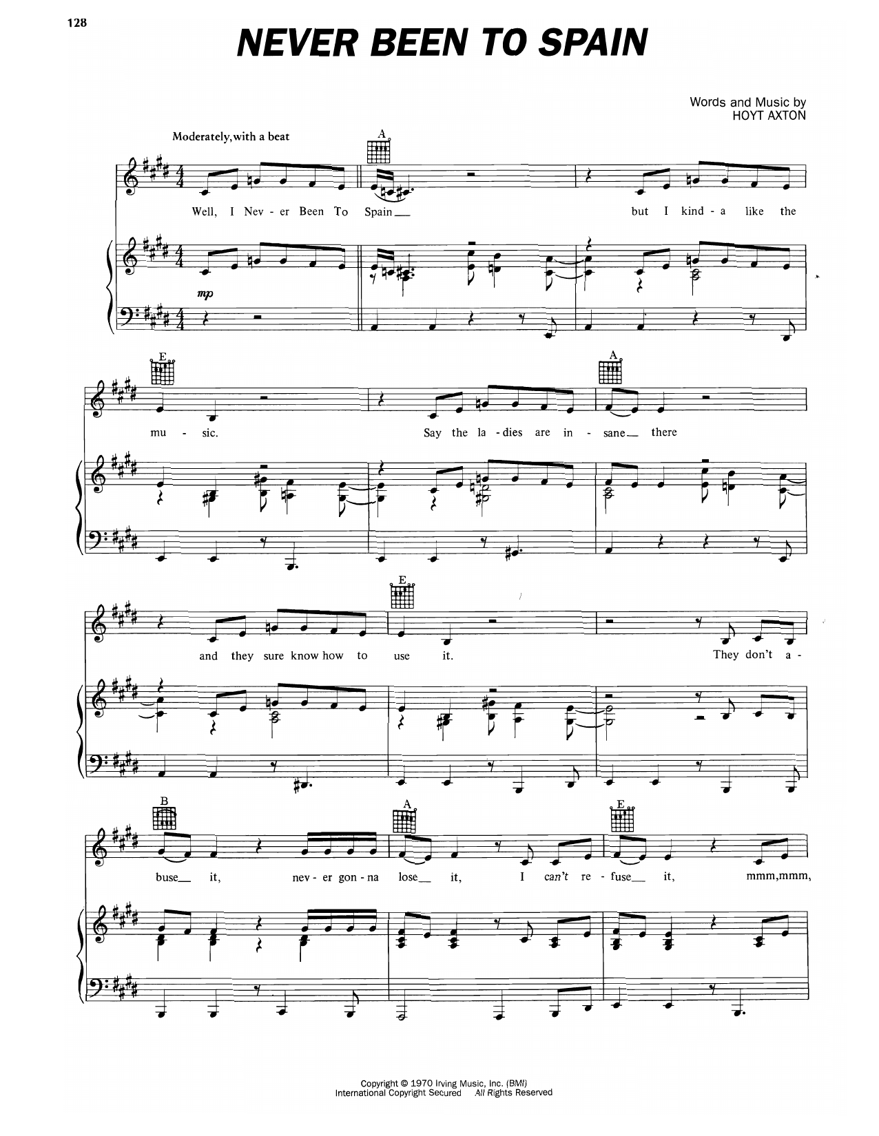 Elvis Presley Never Been To Spain Sheet Music Notes & Chords for Piano, Vocal & Guitar (Right-Hand Melody) - Download or Print PDF