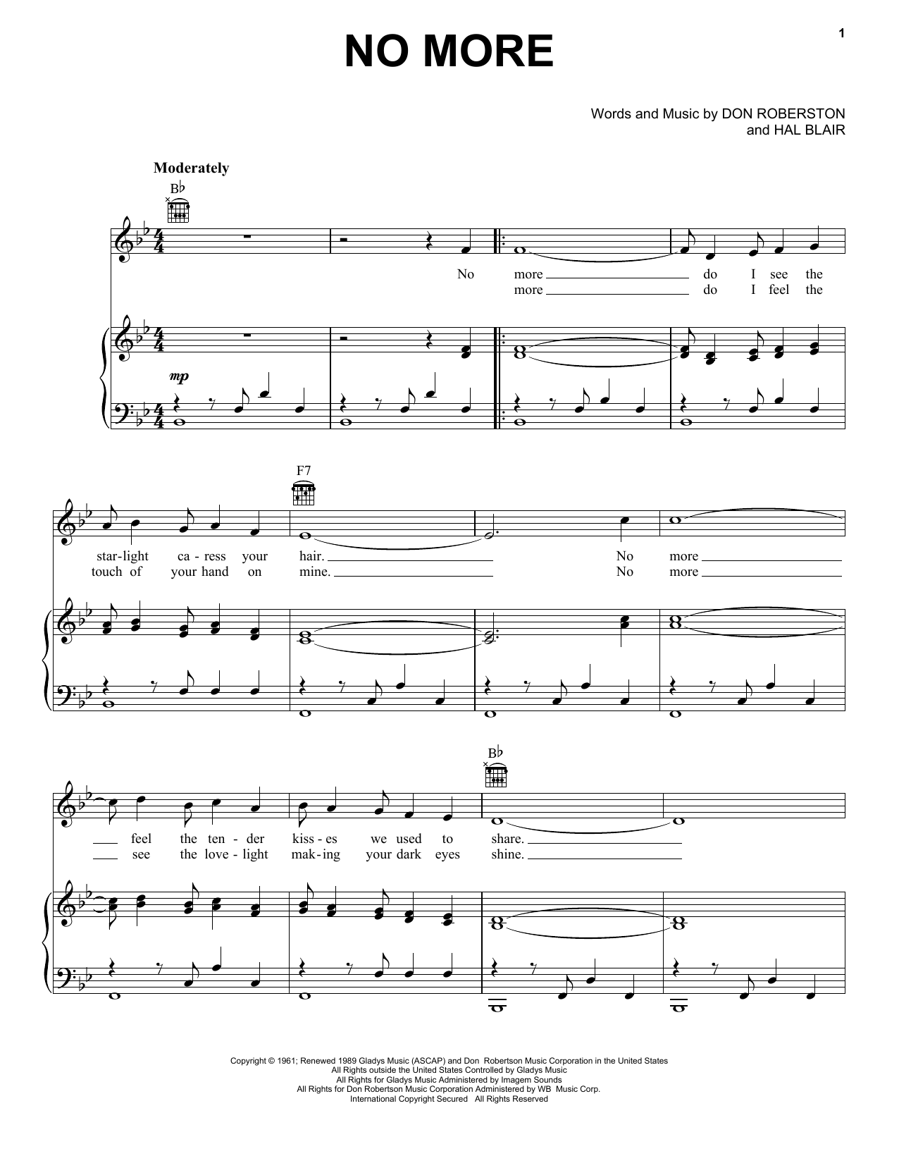 Elvis Presley No More Sheet Music Notes & Chords for Piano, Vocal & Guitar (Right-Hand Melody) - Download or Print PDF