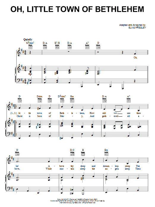 Elvis Presley Oh, Little Town Of Bethlehem Sheet Music Notes & Chords for Piano, Vocal & Guitar (Right-Hand Melody) - Download or Print PDF