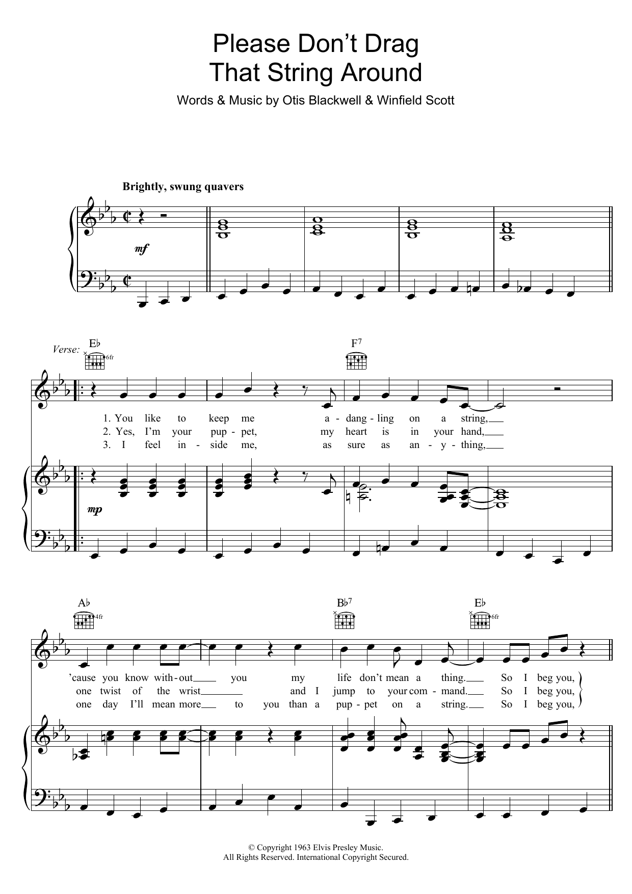 Elvis Presley Please Don't Drag That String Around Sheet Music Notes & Chords for Piano, Vocal & Guitar Chords (Right-Hand Melody) - Download or Print PDF