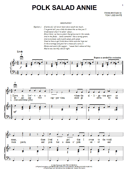Elvis Presley Polk Salad Annie Sheet Music Notes & Chords for Melody Line, Lyrics & Chords - Download or Print PDF