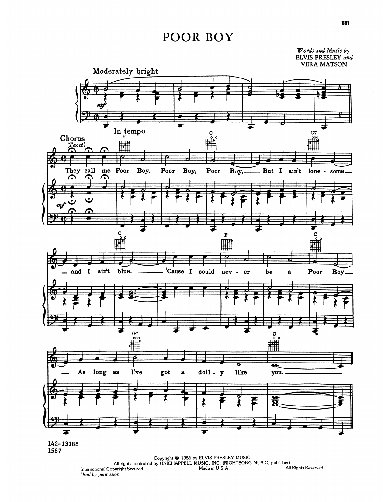 Elvis Presley Poor Boy Sheet Music Notes & Chords for Piano, Vocal & Guitar Chords (Right-Hand Melody) - Download or Print PDF Elvis Presley Poor Boy Sheet Music Notes & Chords for Piano, Vocal & Guitar Chords (Right-Hand Melody) - Download or Print PDF
