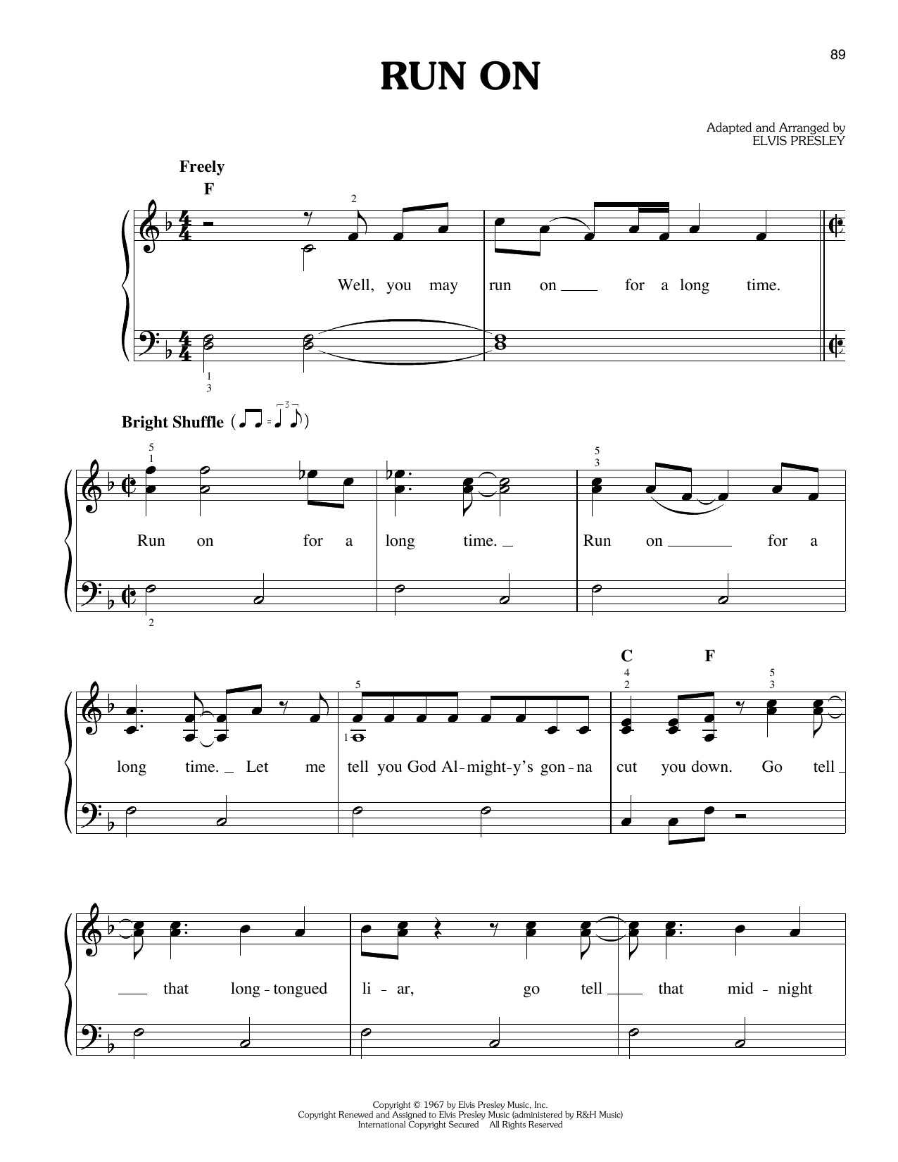 Elvis Presley Run On Sheet Music Notes & Chords for Easy Piano - Download or Print PDF