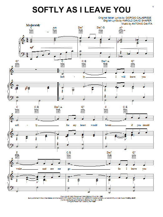 Elvis Presley Softly As I Leave You Sheet Music Notes & Chords for Piano, Vocal & Guitar (Right-Hand Melody) - Download or Print PDF